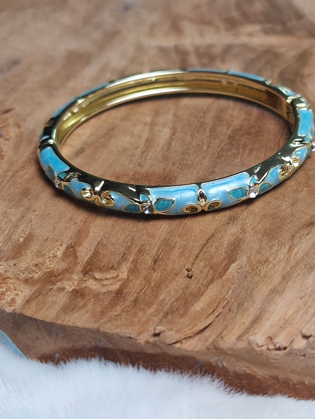 Bracelet Jonc laiton verni, Émail Fleuri (turquoise clair et foncé)