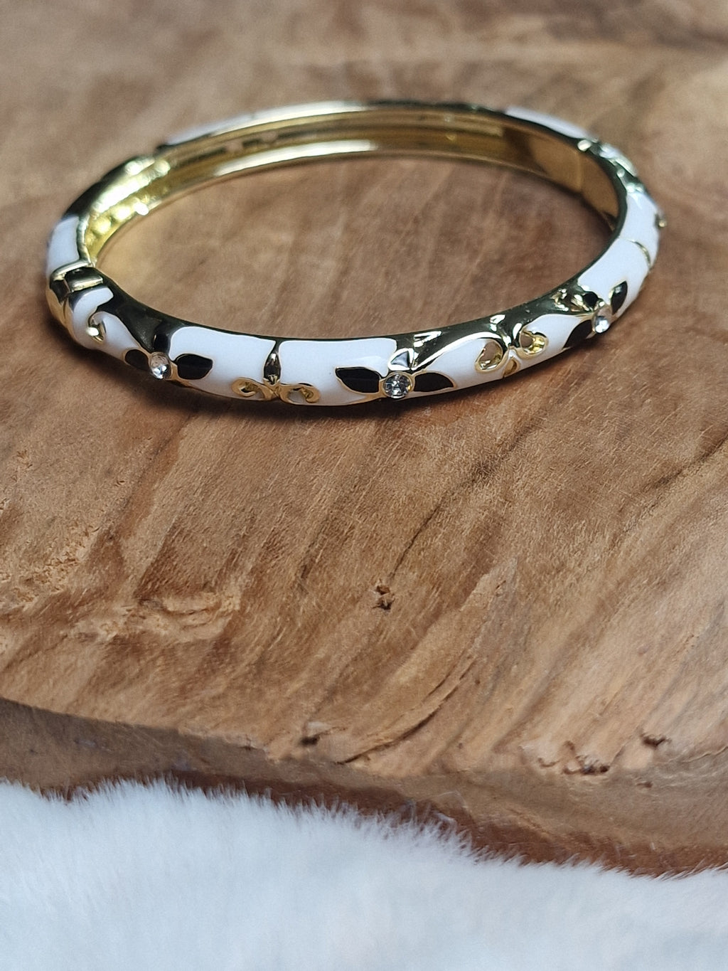 Bracelet Jonc laiton verni, Émail Fleuri (blanc, noir)