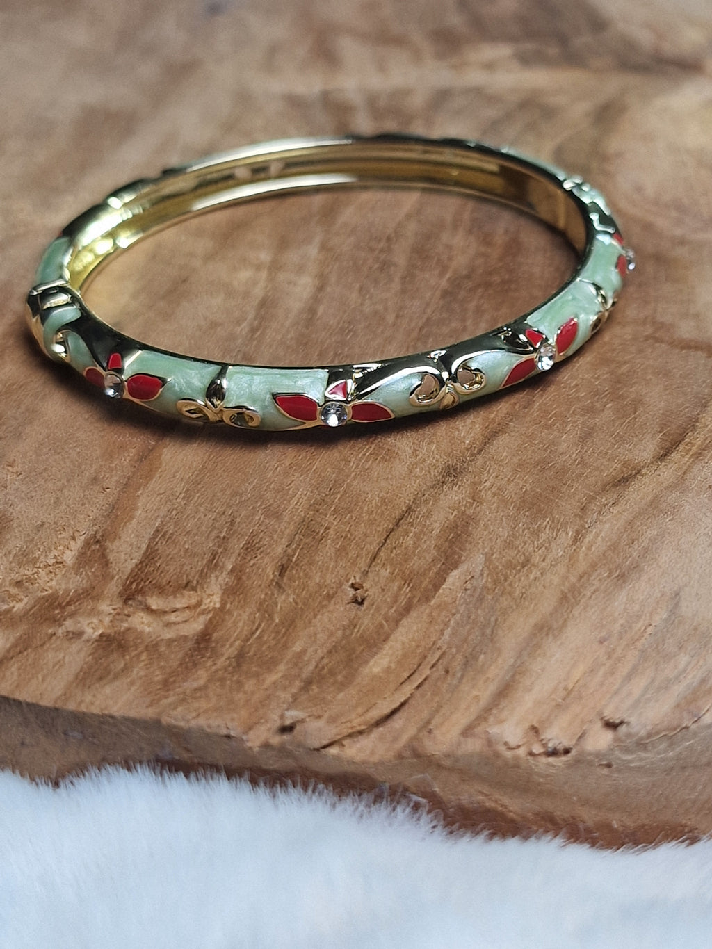 Bracelet Jonc laiton verni, Émail Fleuri (vert clair, rouge)