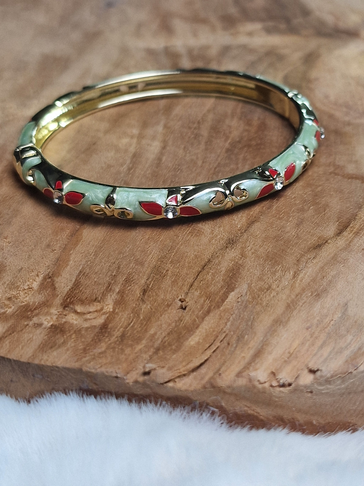 Bracelet Jonc laiton verni, Émail Fleuri (vert clair, rouge)