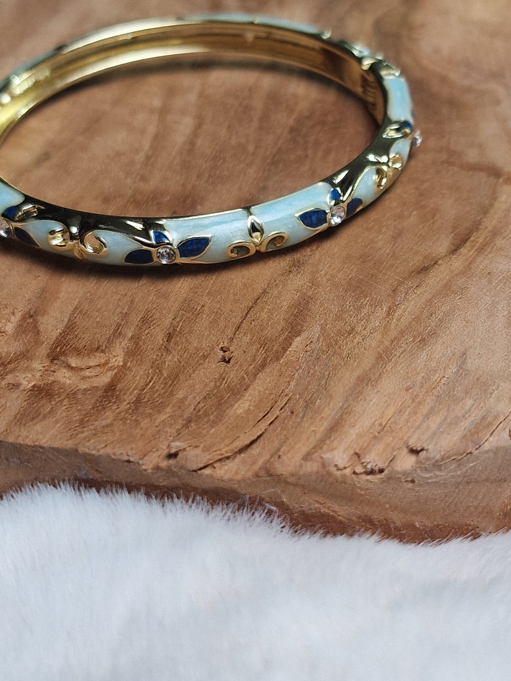 Bracelet Jonc laiton verni, Émail Fleuri (bleu ciel, bleu marine)