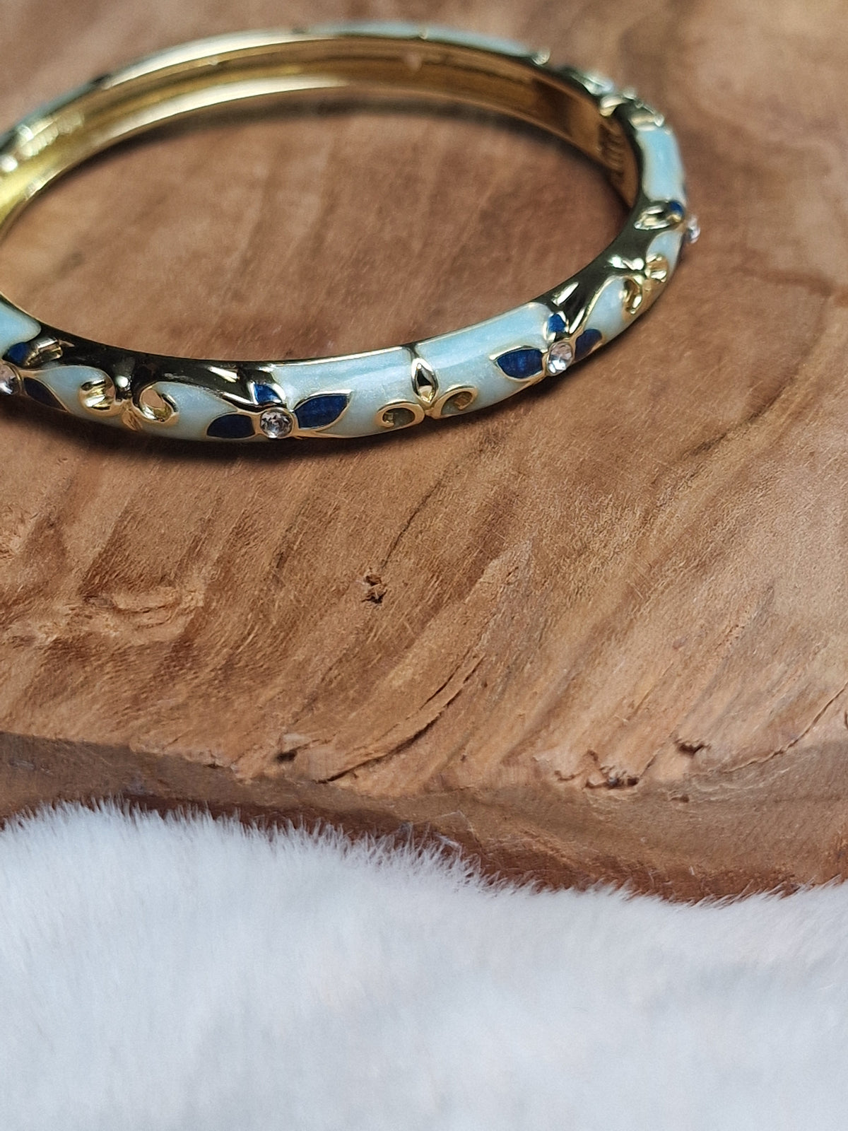 Bracelet Jonc laiton verni, Émail Fleuri (bleu ciel, bleu marine)