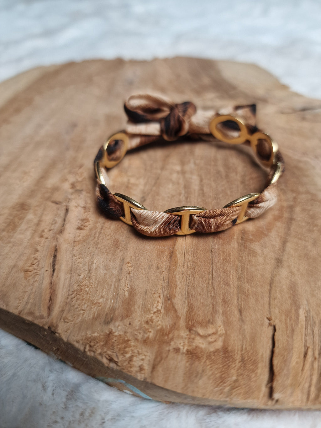 Bracelet manchette à mailles marines et ruban leopard