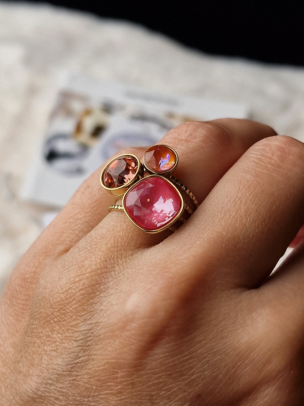 Bague acier inox Bohm-Swarovski (couleur rose)