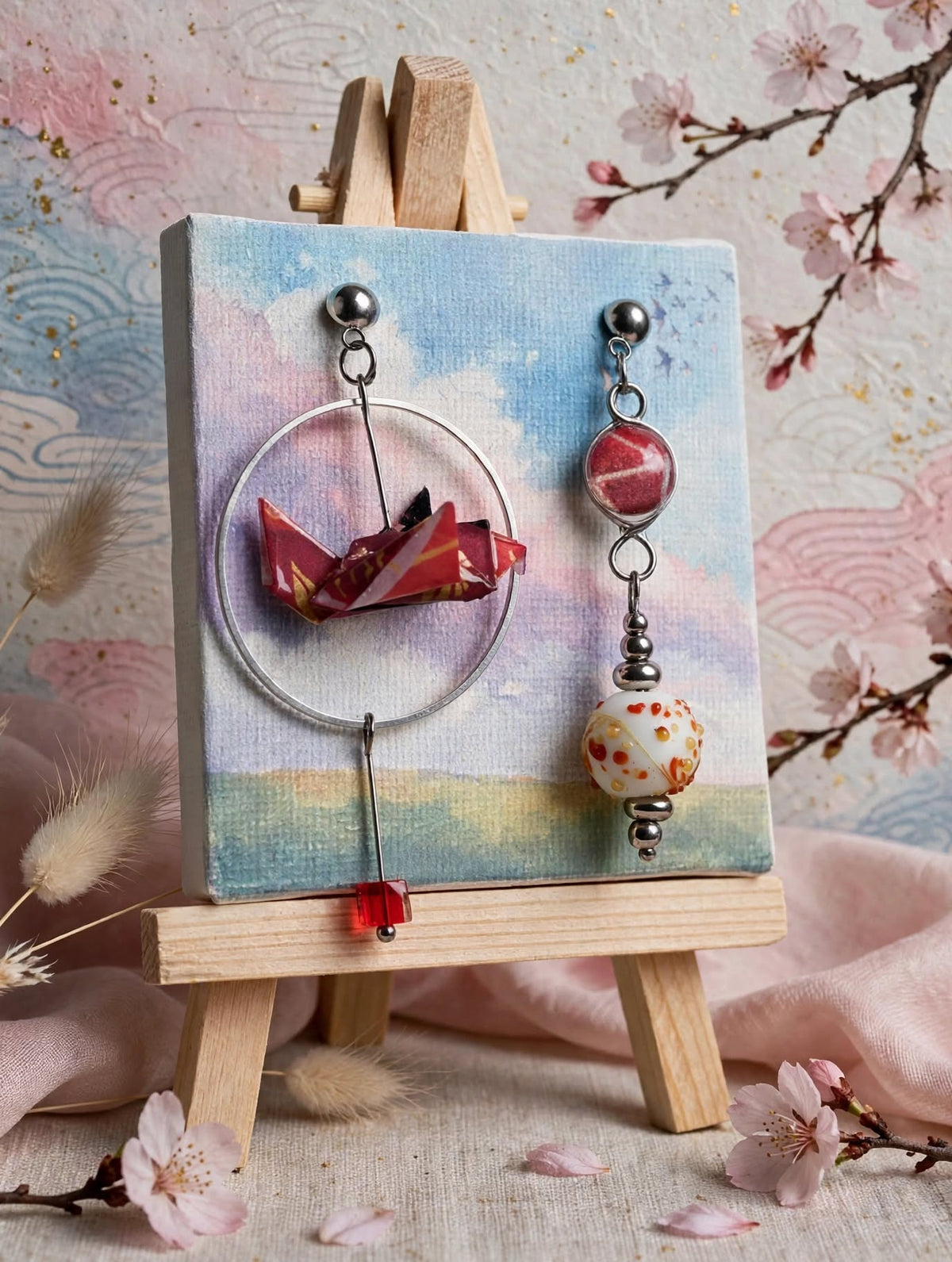 Boucles d'oreilles origamis oiseau rouge N°série 2