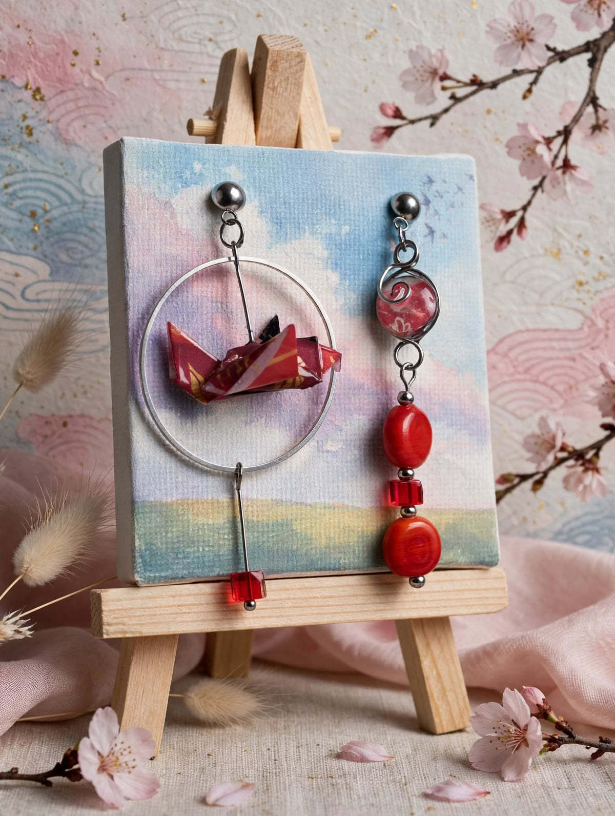 Boucles d'oreilles origamis oiseau rouge N°série 1