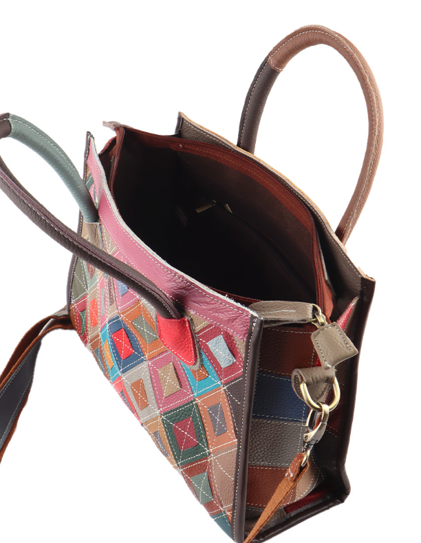 Sac à main en cuir véritable patchwork multicolore