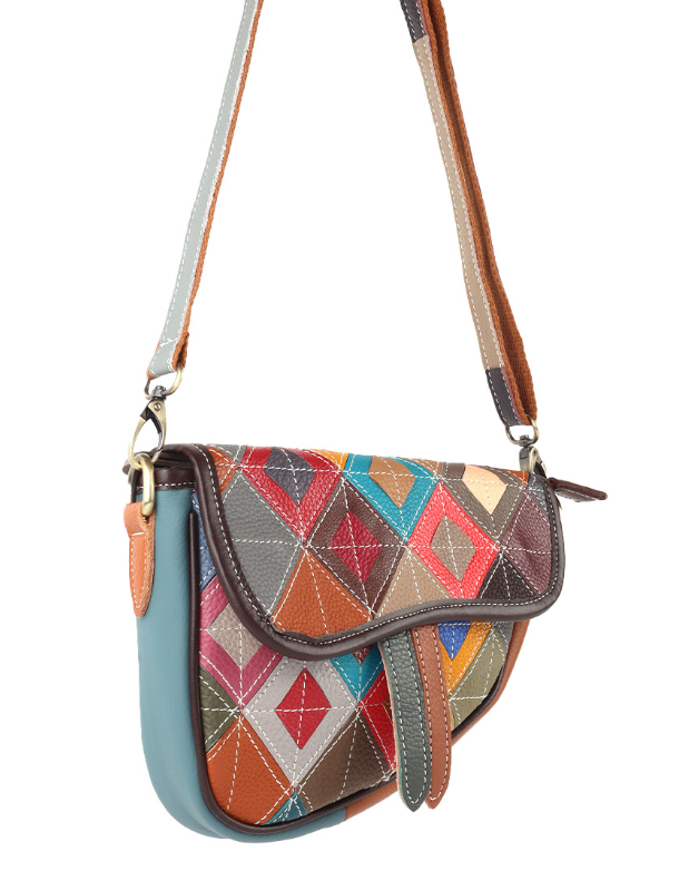 Sac bandoulière en cuir véritable patchwork multicolore