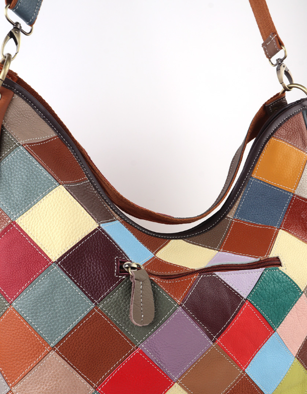 Sac à épaule en cuir véritable patchwork fleuri