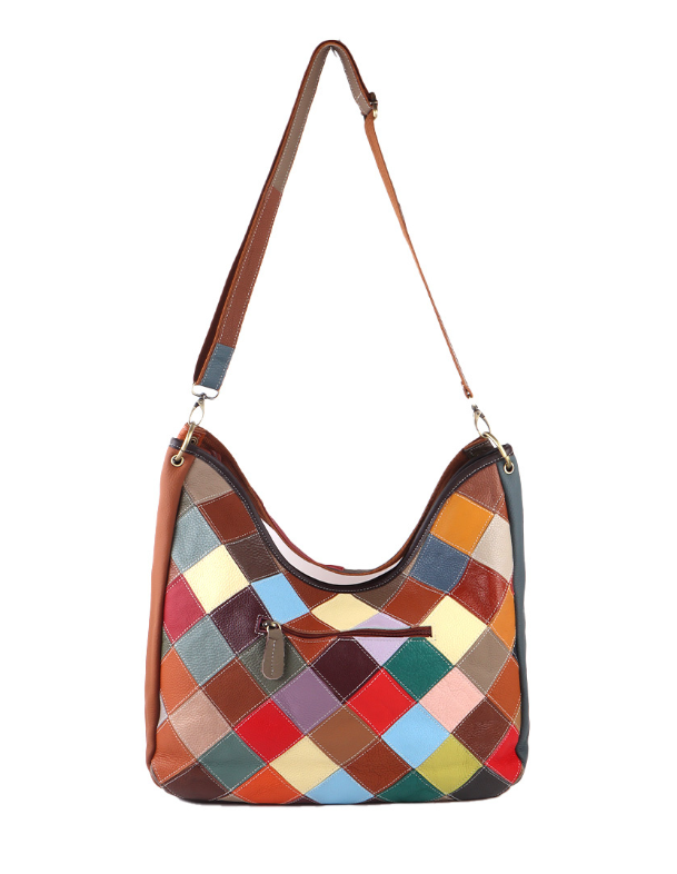 Sac à épaule en cuir véritable patchwork fleuri