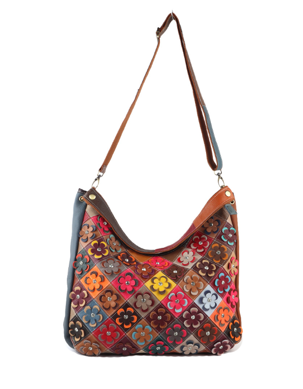 Sac à épaule en cuir véritable patchwork fleuri