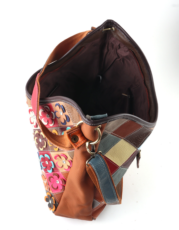 Sac à épaule en cuir véritable patchwork fleuri