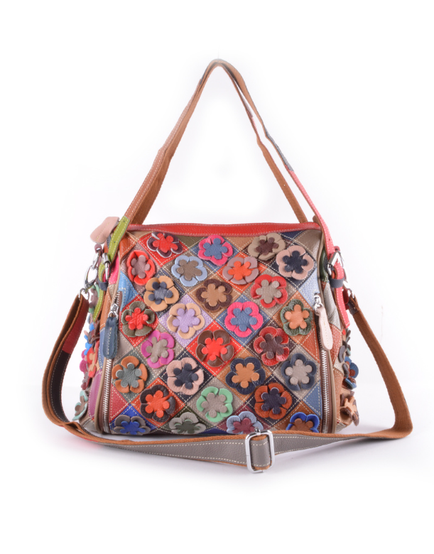 Sac à main en cuir véritable patchwork fleuri et multicolore