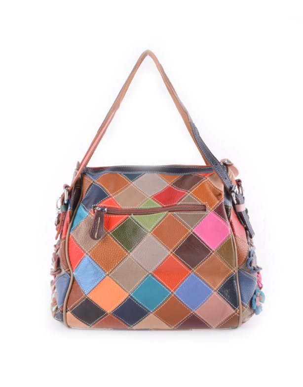 Sac à main en cuir véritable patchwork fleuri et multicolore