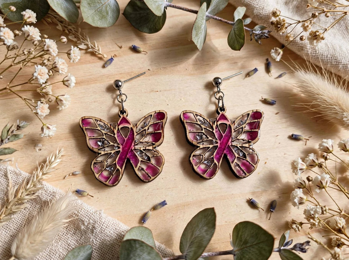 Boucles d'oreilles "Pink Butterfly" (Action Octobre Rose)