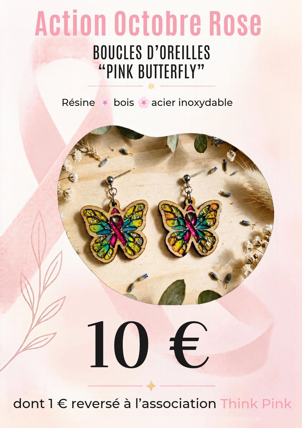 Boucles d'oreilles "Pink Butterfly" (Action Octobre Rose)