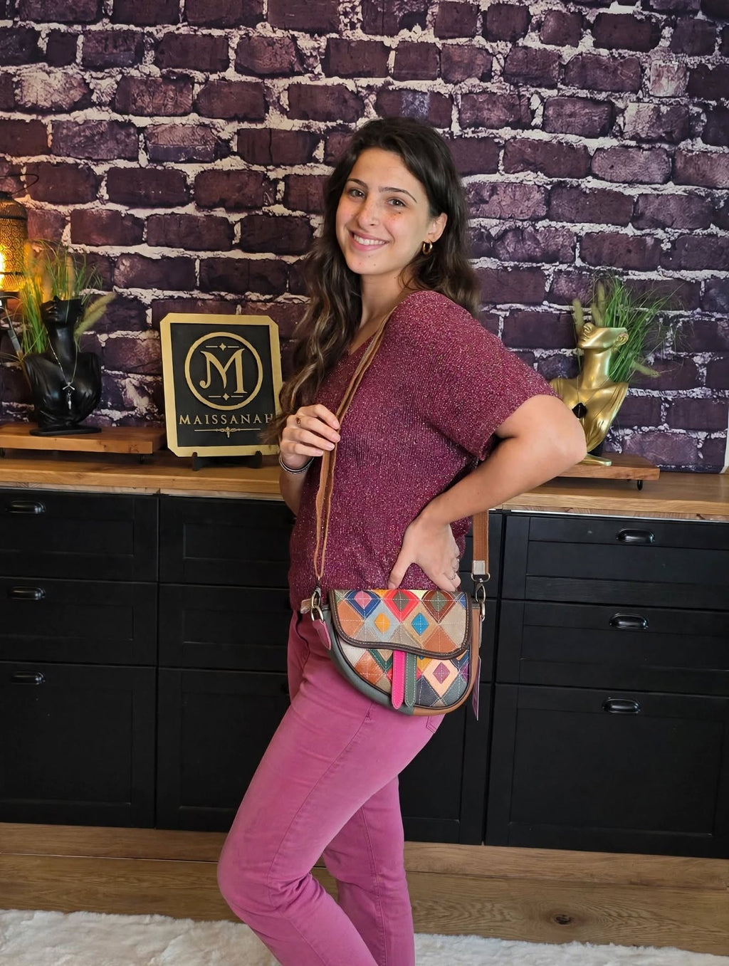 Sac bandoulière en cuir véritable patchwork multicolore