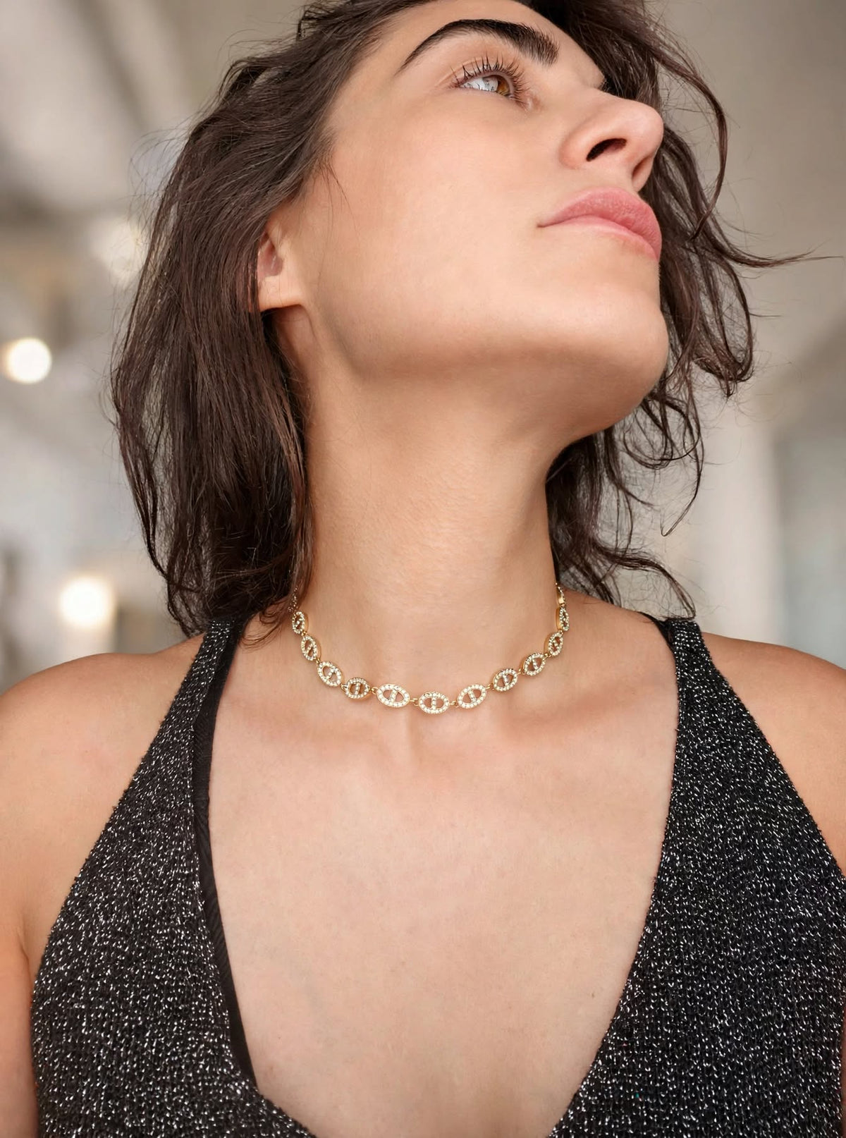 Collier ras de cou mailles marines dorées strass - acier inoxydable