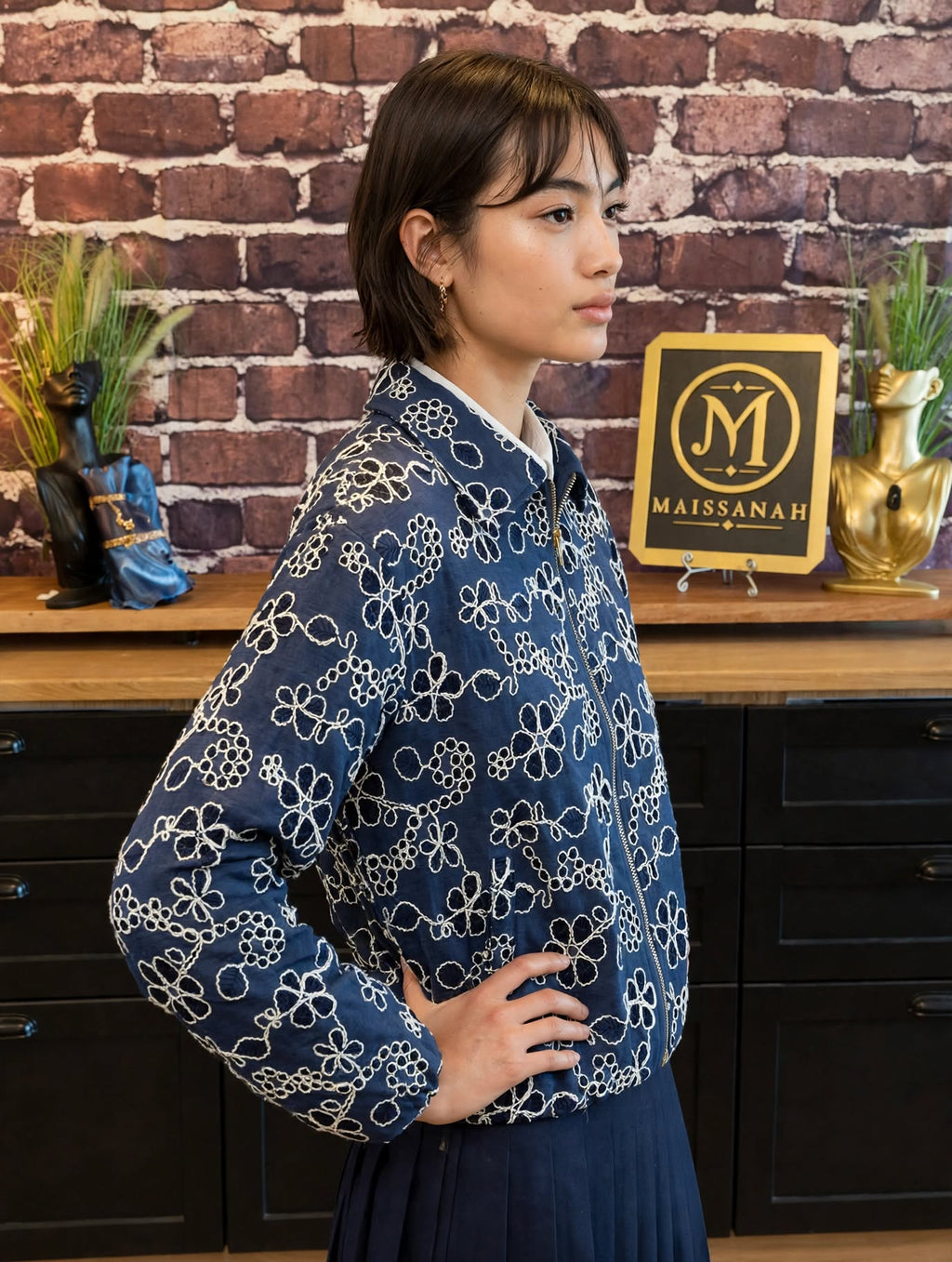 Veste Bomber Marine Broderie Anglaise