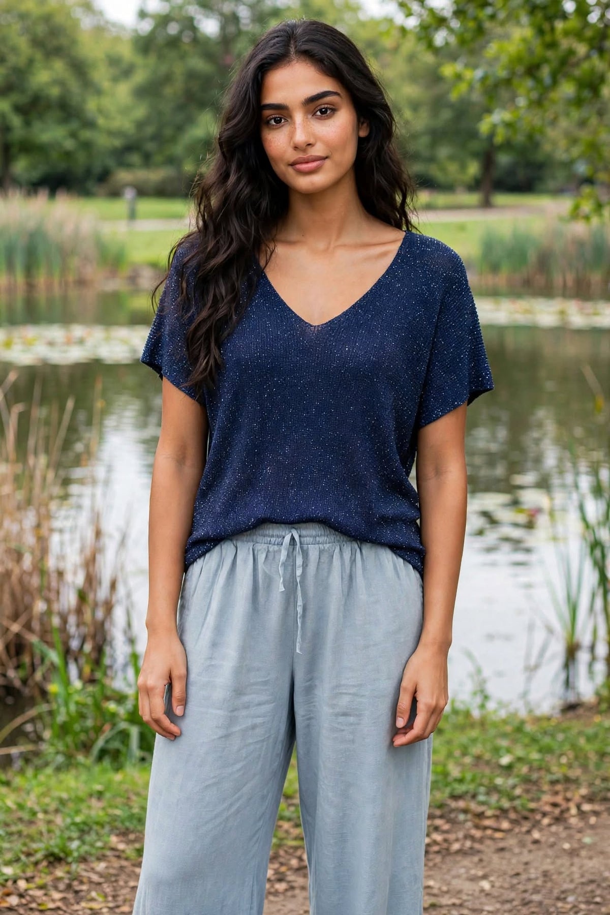 T-shirt Lurex/viscose bleu nuit