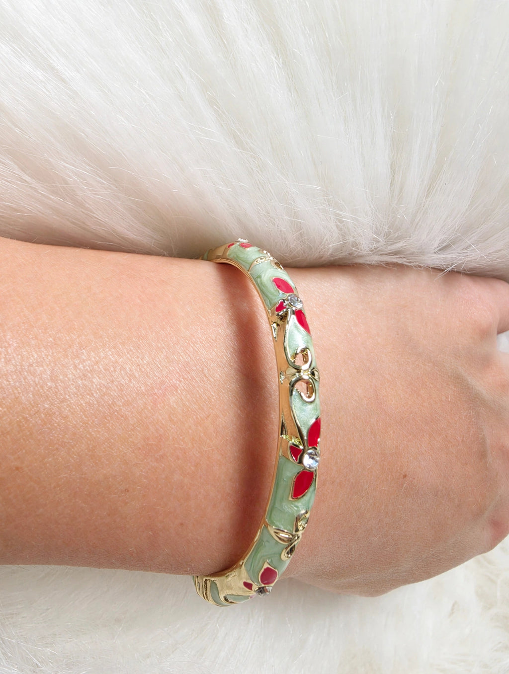 Bracelet Jonc laiton verni, Émail Fleuri (vert clair, rouge)