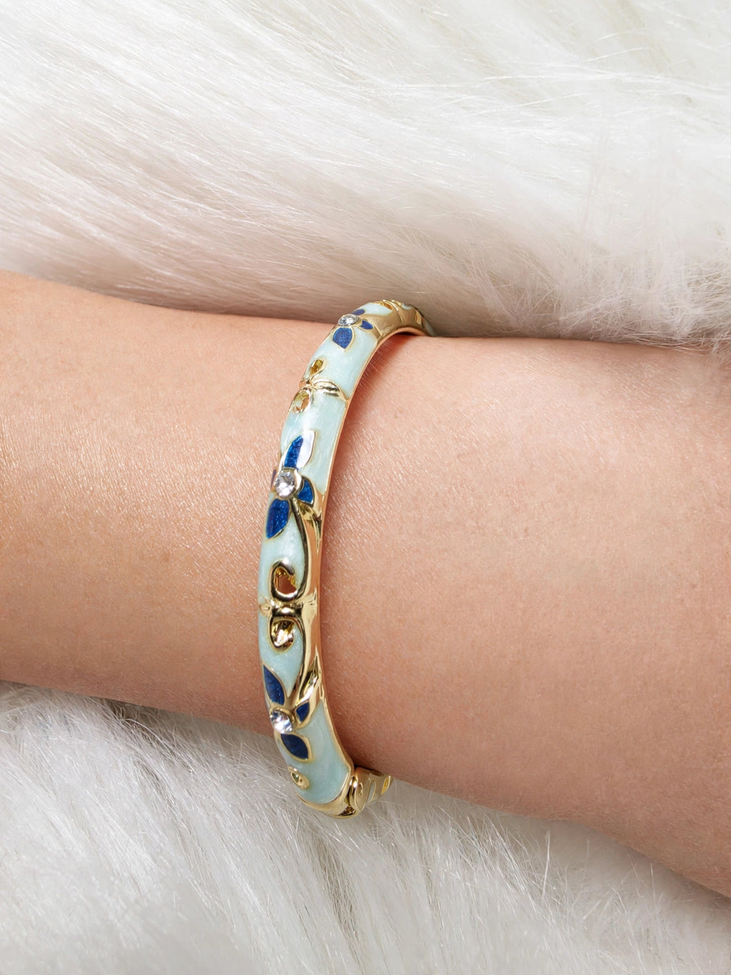 Bracelet Jonc laiton verni, Émail Fleuri (bleu ciel, bleu marine)