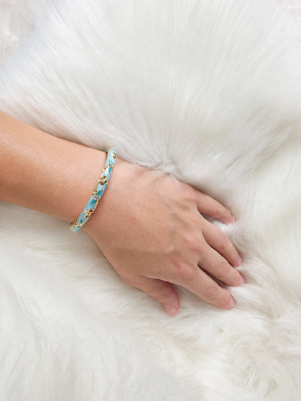 Bracelet Jonc laiton verni, Émail Fleuri (turquoise clair et foncé)