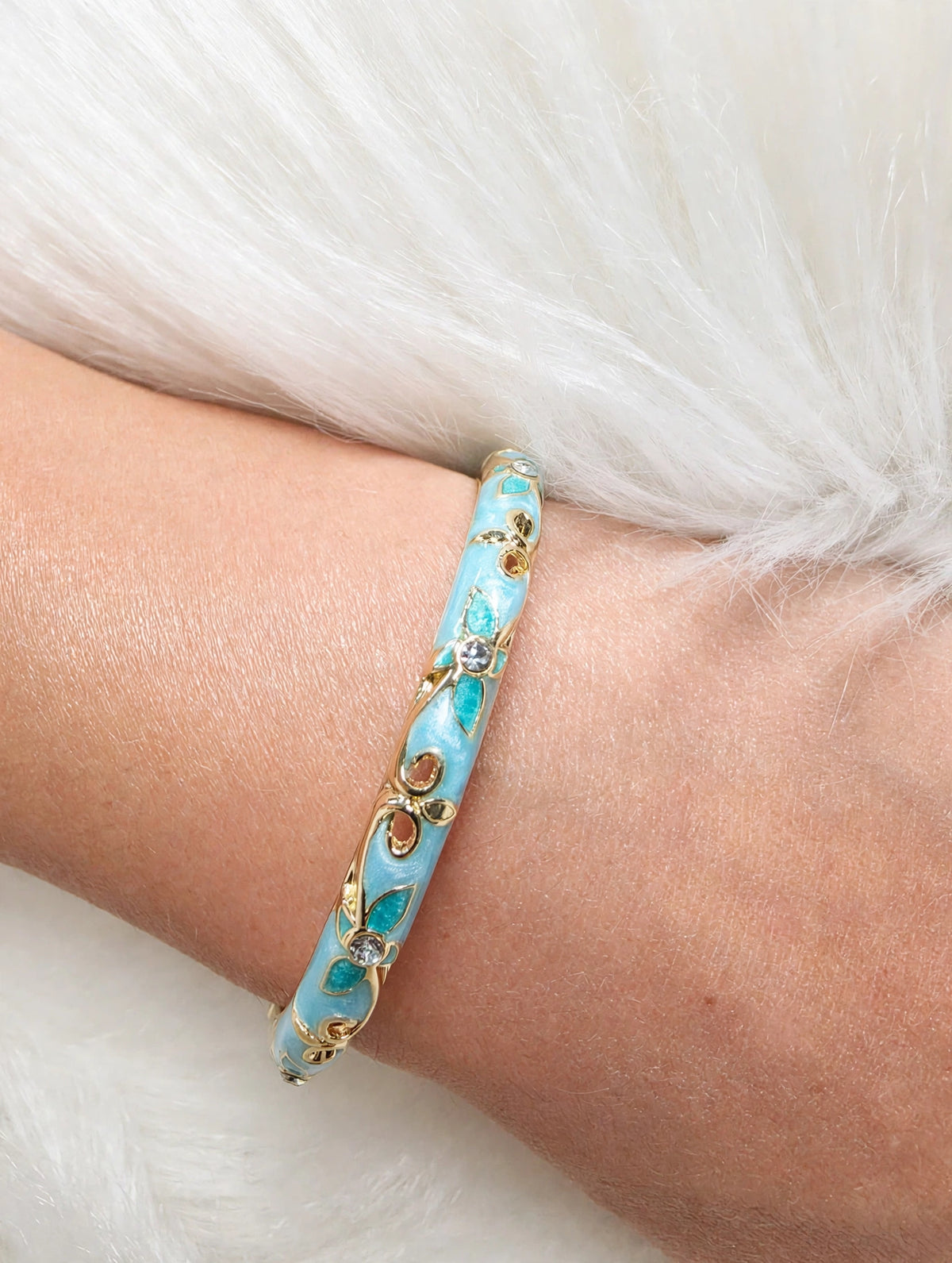 Bracelet Jonc laiton verni, Émail Fleuri (turquoise clair et foncé)
