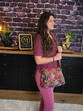Sac à main en cuir véritable patchwork fleuri et multicolore