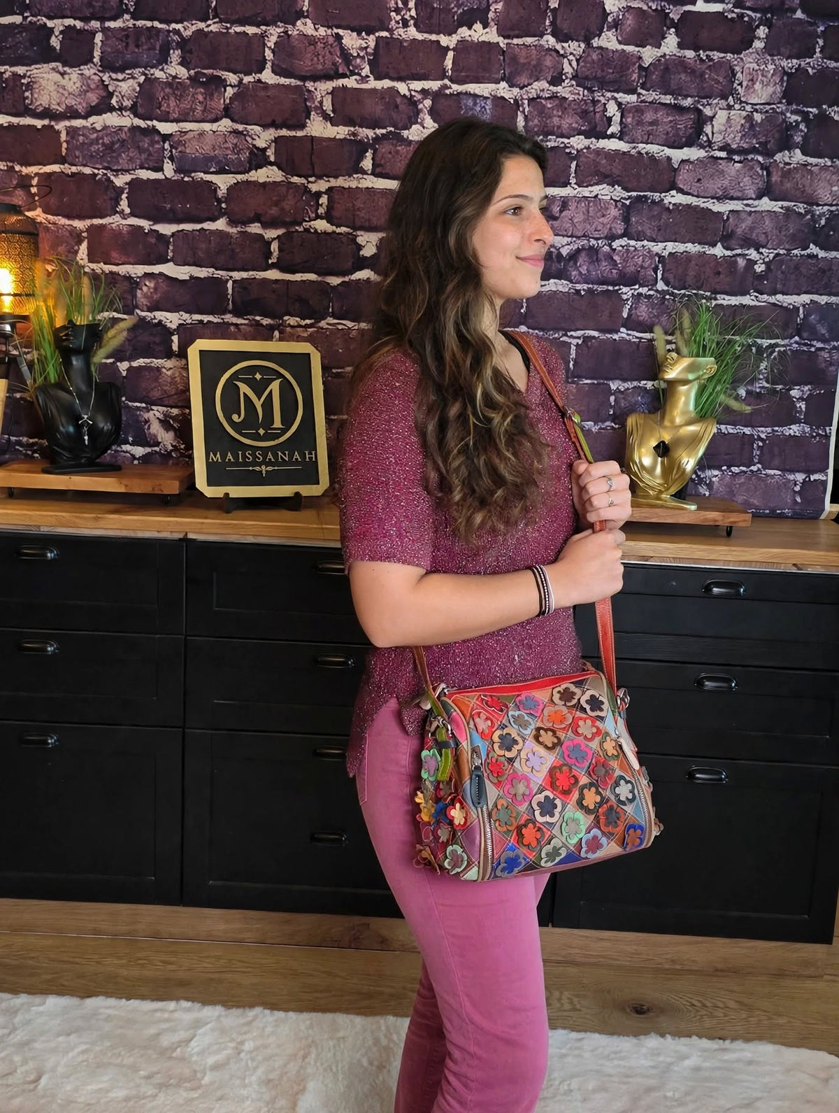 Sac à main en cuir véritable patchwork fleuri et multicolore
