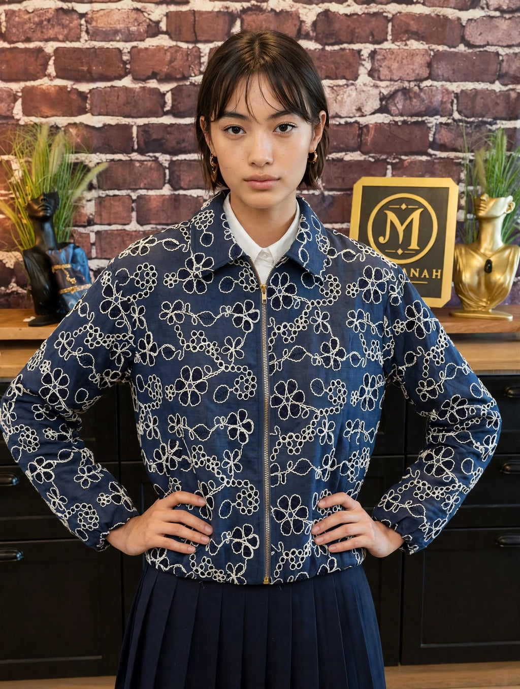 Veste Bomber Marine Broderie Anglaise
