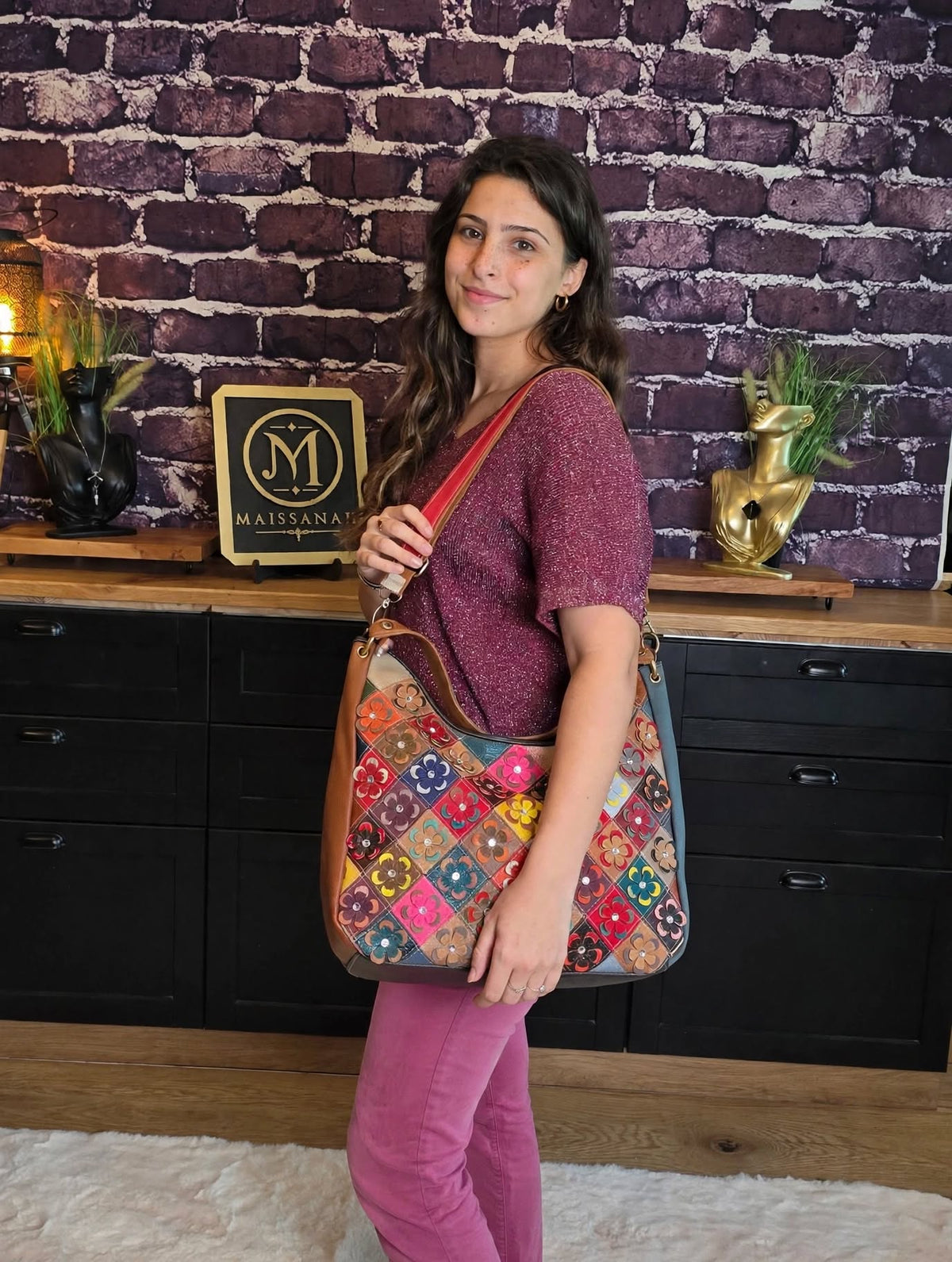 Sac à épaule en cuir véritable patchwork fleuri