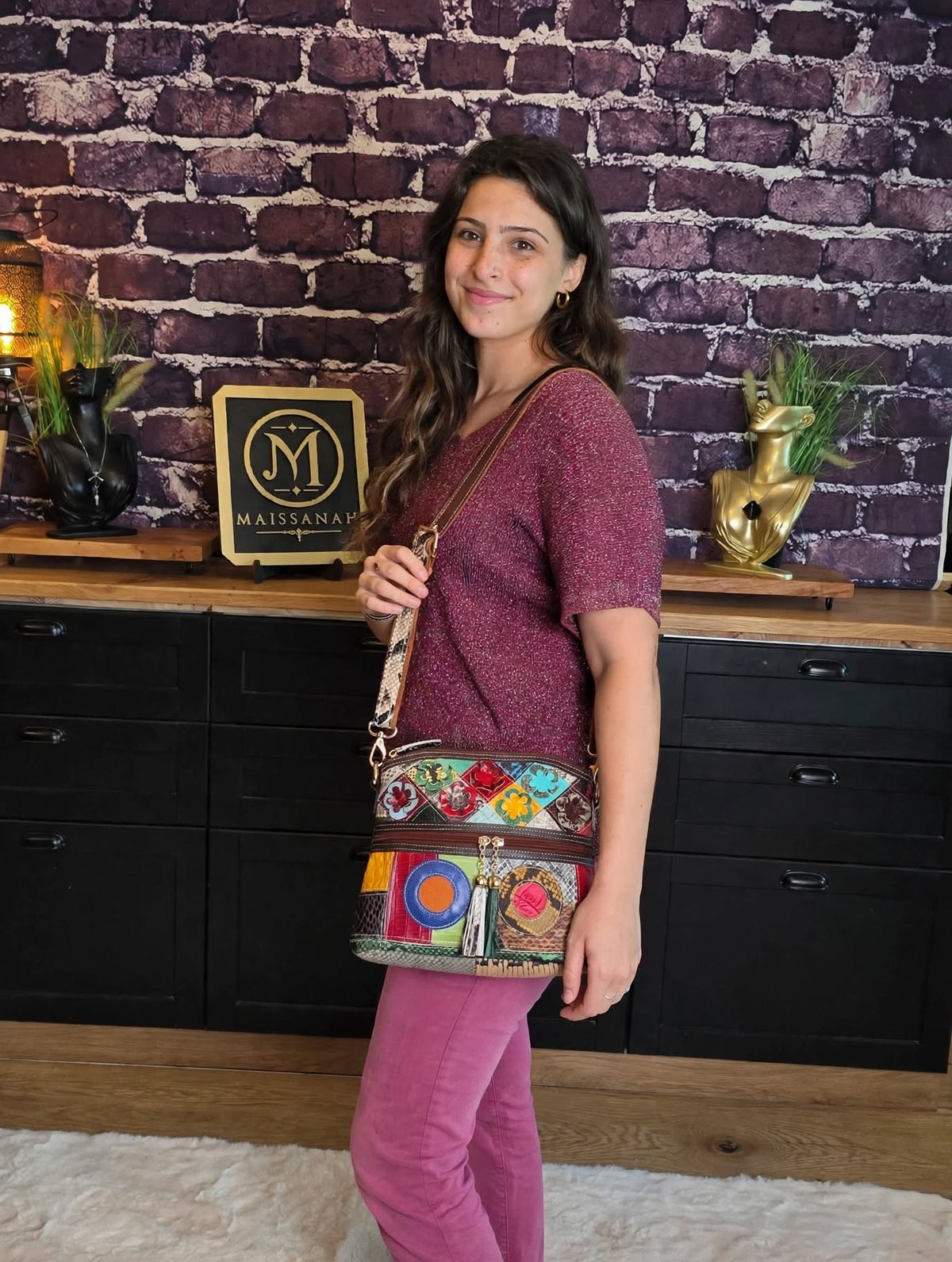 Sac à main en cuir véritable patchwork fleuri et multicolore (Copie)