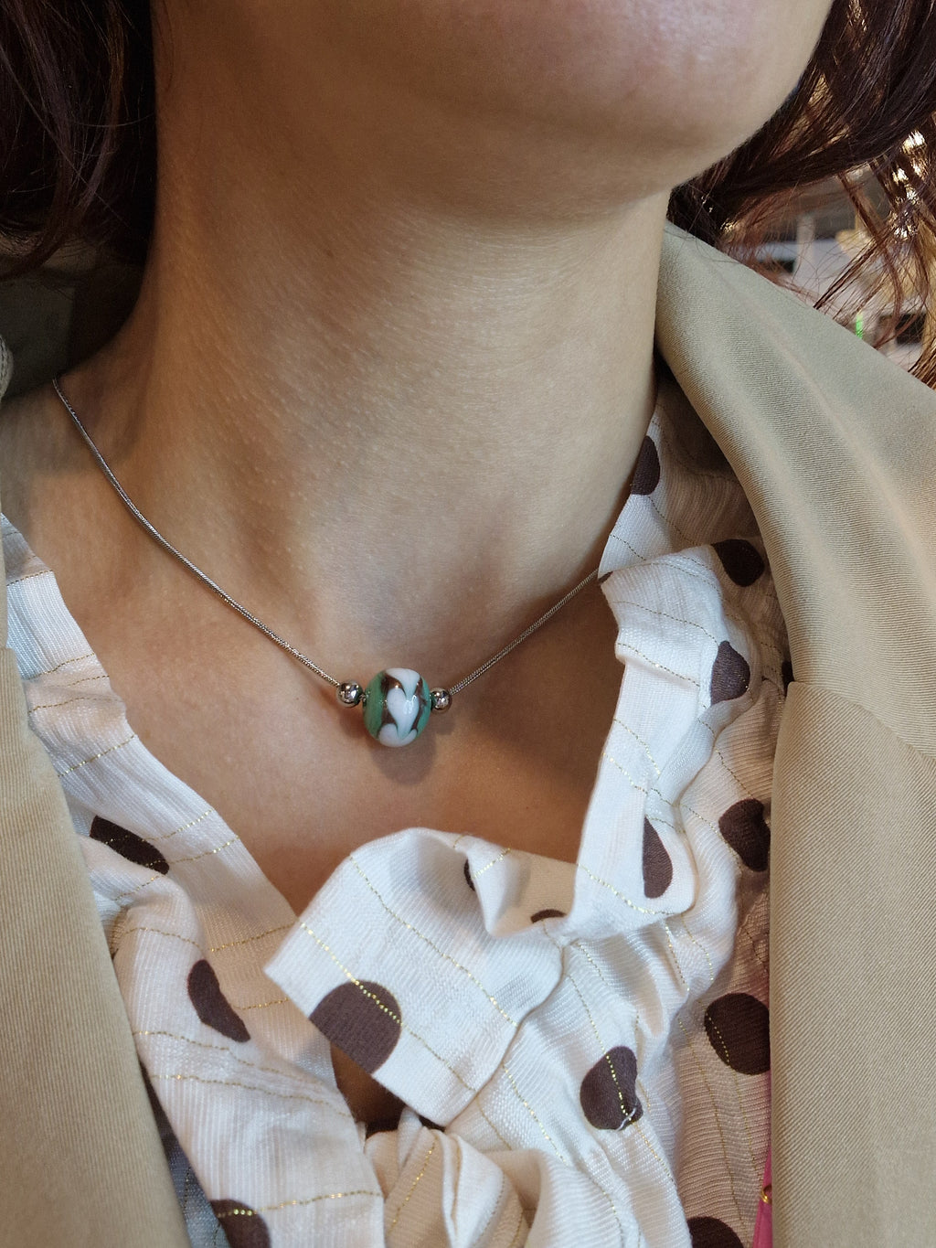 Collier acier inox et perle de verre  artisanale