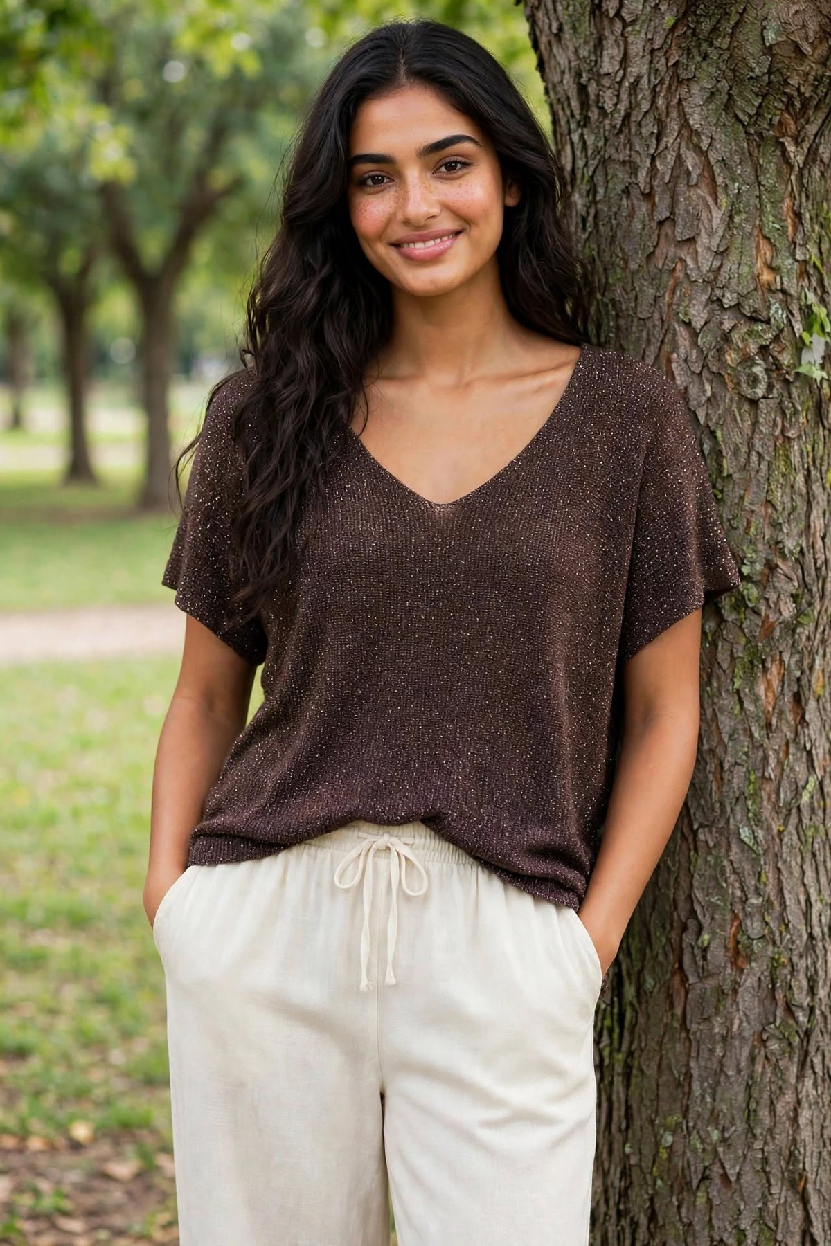 T-shirt Lurex/viscose marron