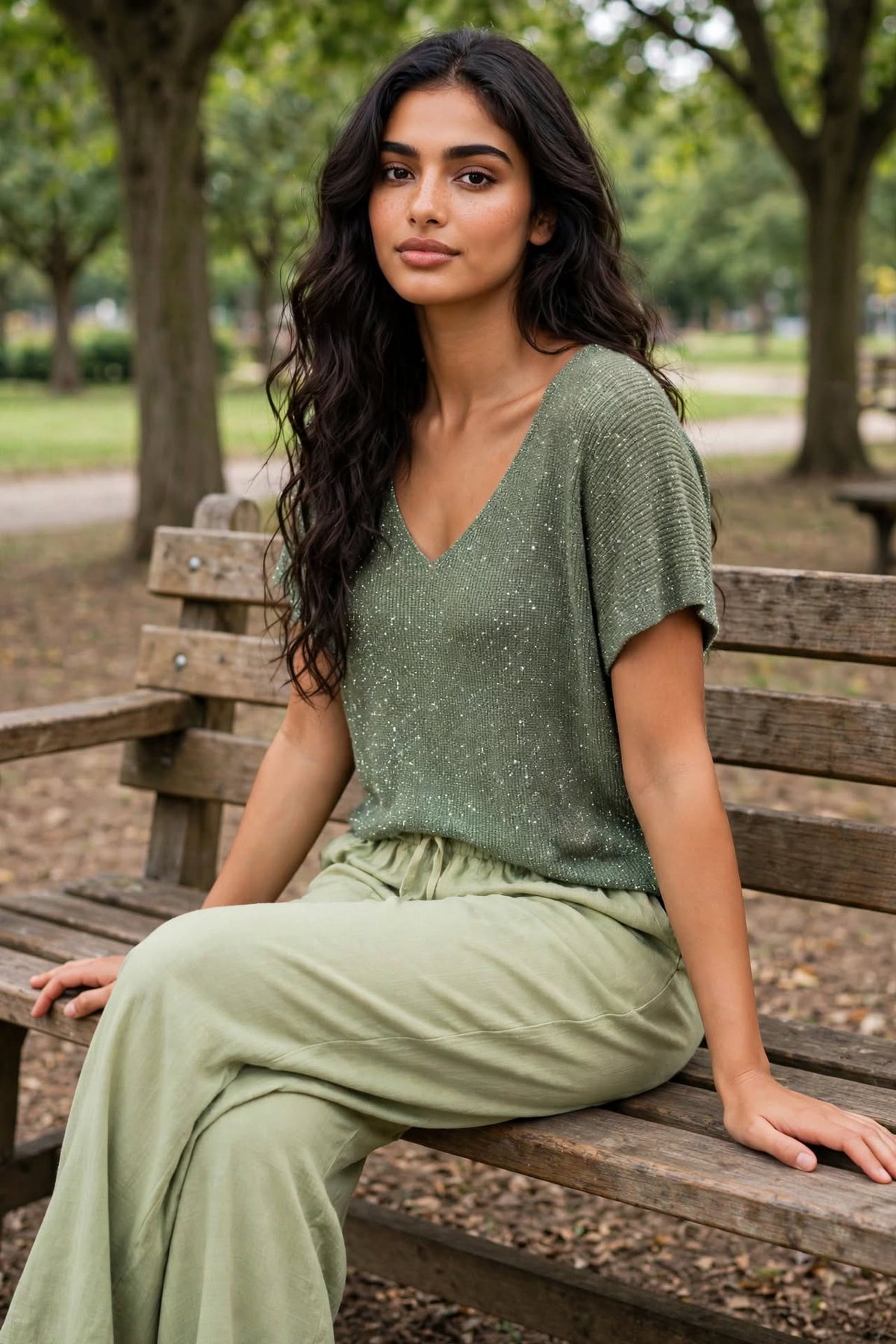 T-shirt Lurex/viscose vert sauge