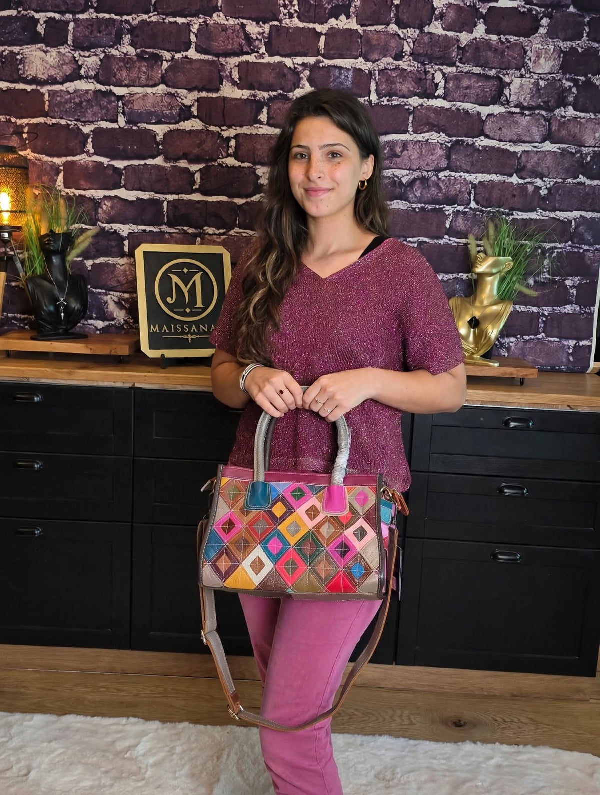 Sac à main en cuir véritable patchwork multicolore